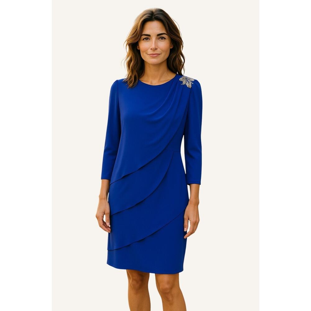 Vtg 80s Ursula of Switzerland Size 12 Blue Chiffon Drape Sequin Shoulder dress
